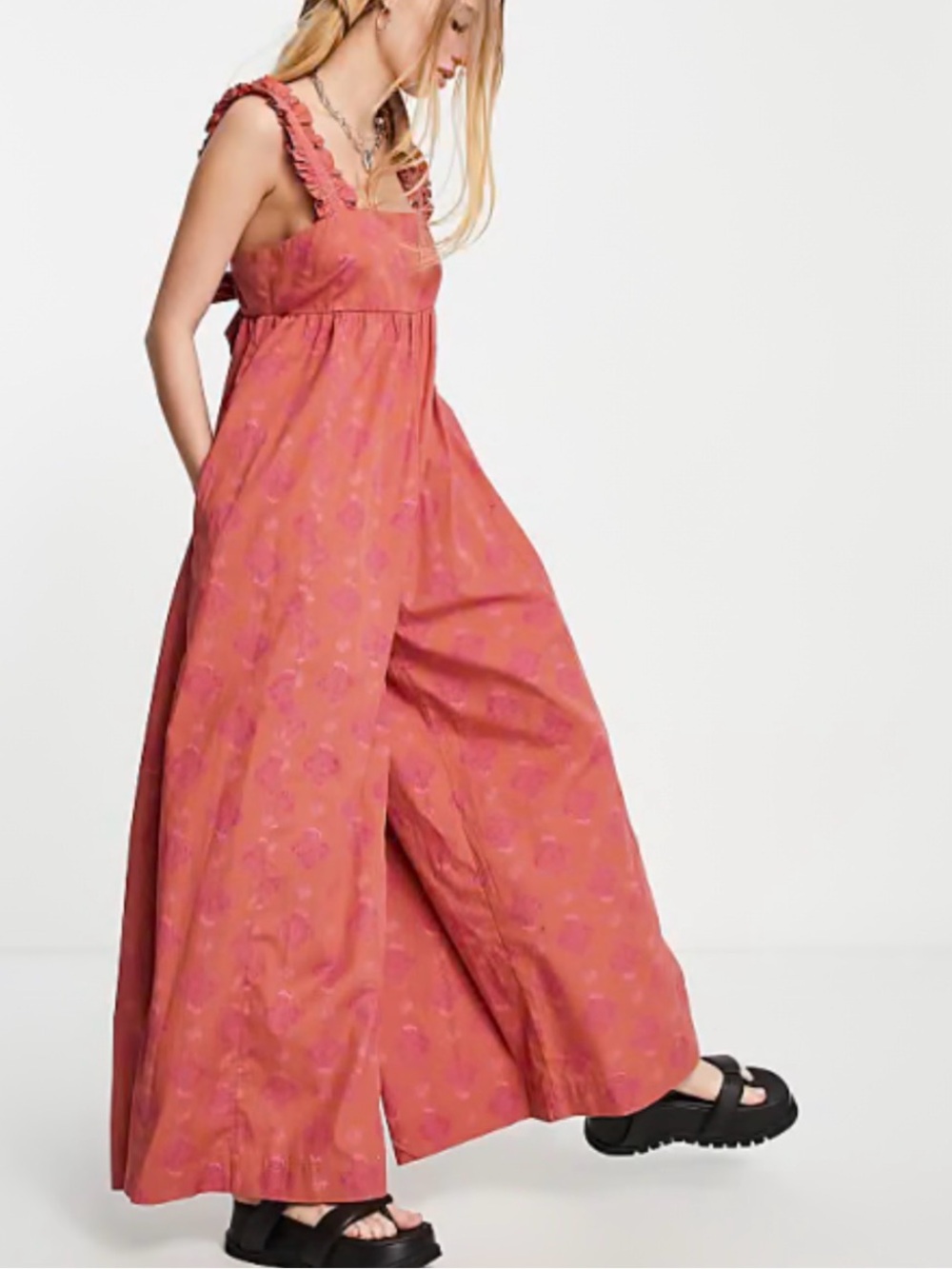 Free People Rose Coral Wide-Leg Maxi romper with Ruffle Straps